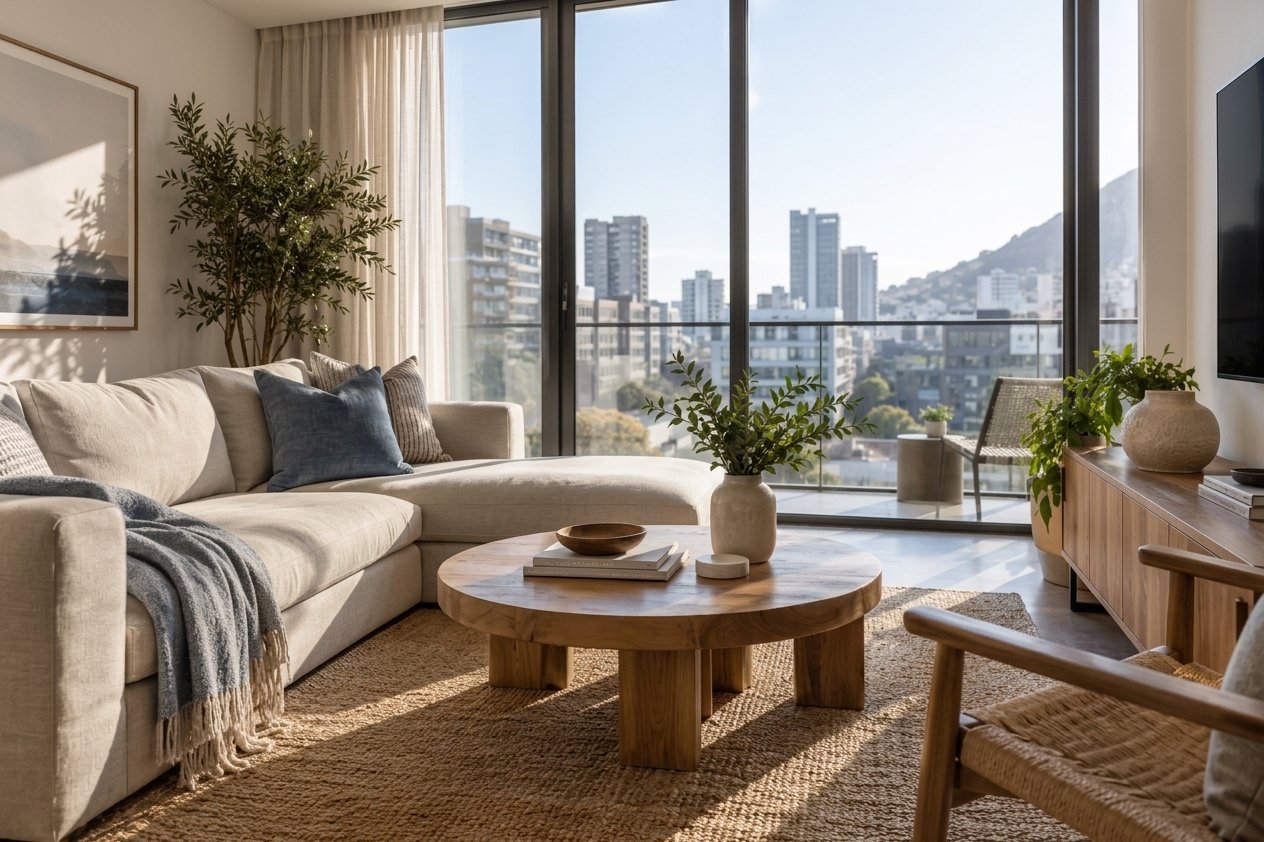Sunlit furnished apartment interior with city view